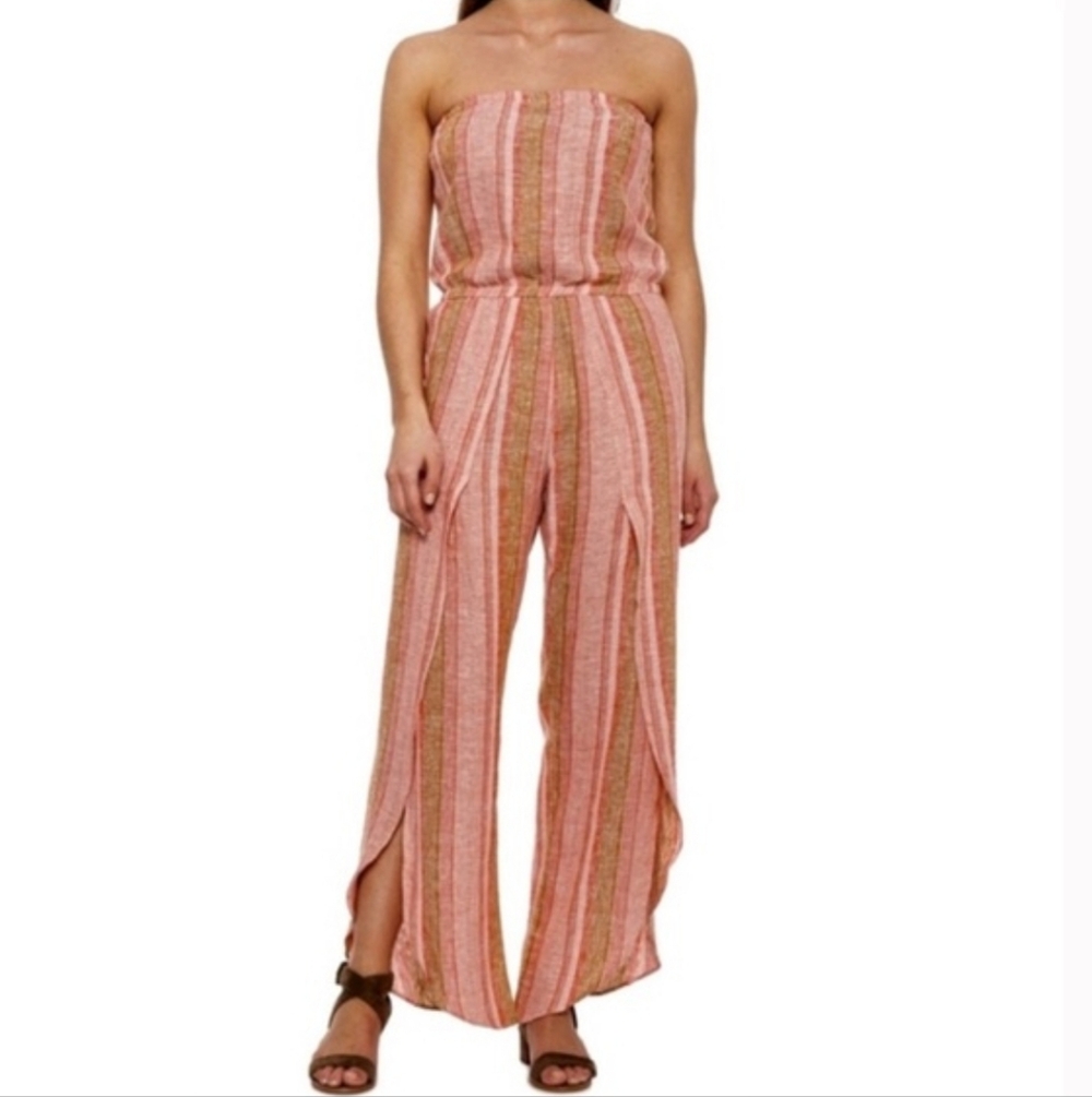 Drew Emerson Wide Split Leg Striped Strapless Linen Blend Jumpsuit Size XS
